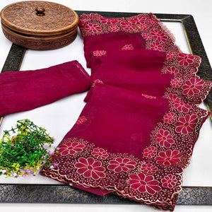Pink Partywear Saree in Soft Chiffon with Intricate Floral Embroidery
