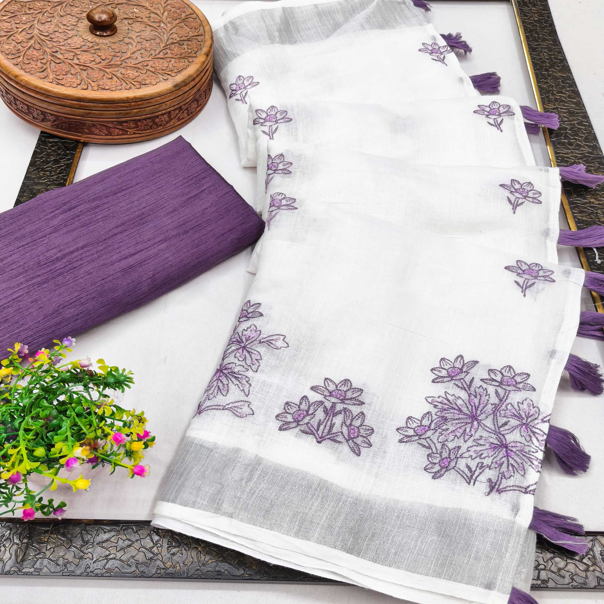 White & Lavender Floral Embroidered Linen Saree Perfect for Festive Occasions