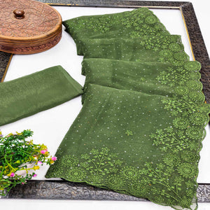 Green Chiffon Saree Featuring Delicate Floral Embroidery & Shimmering Stone Work
