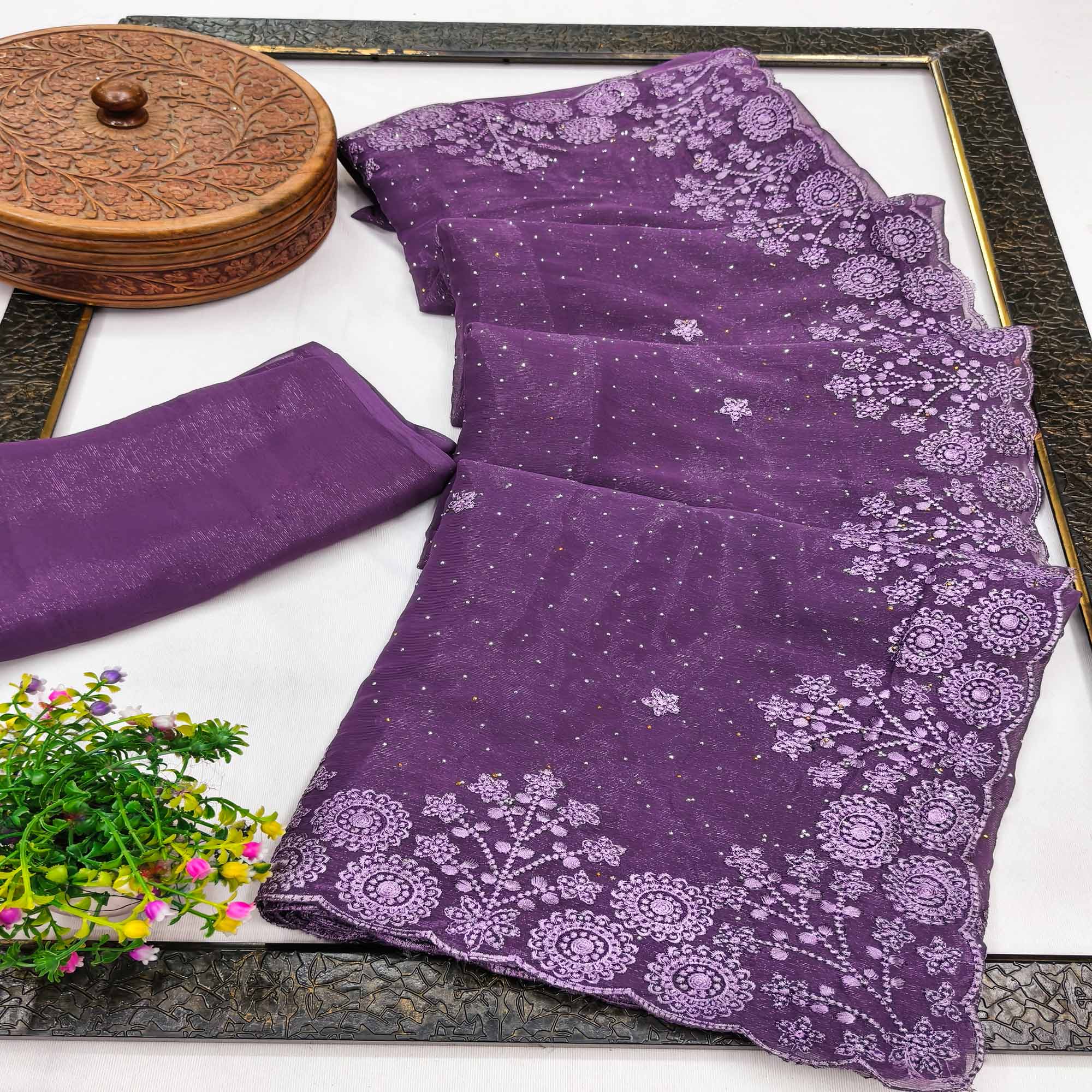 Lavender Chiffon Saree Featuring Delicate Floral Embroidery & Shimmering Stone Work