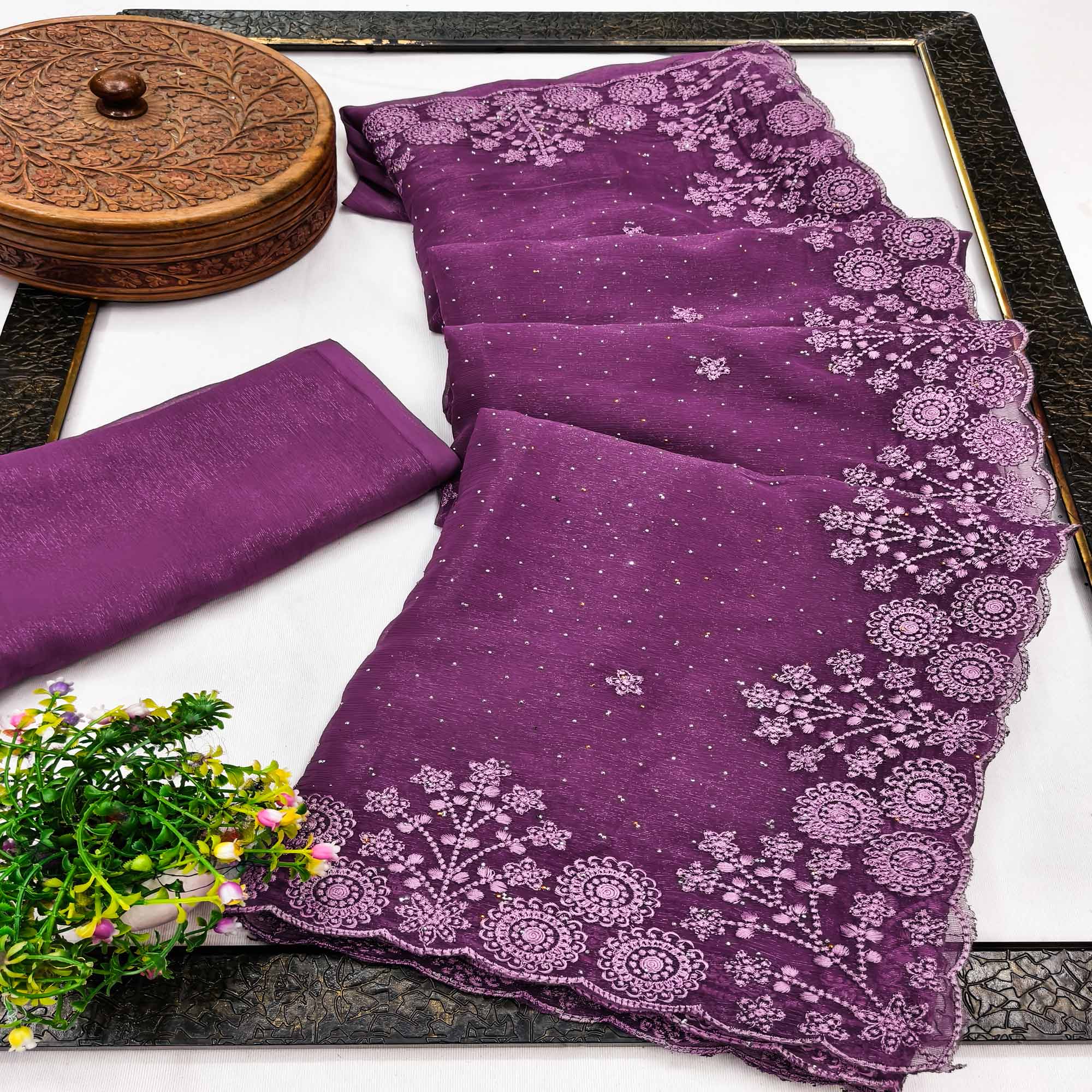 Purple Chiffon Saree Featuring Delicate Floral Embroidery & Shimmering Stone Work