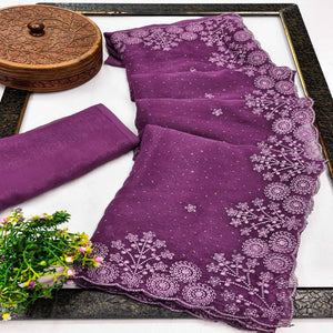 Purple Chiffon Saree Featuring Delicate Floral Embroidery & Shimmering Stone Work
