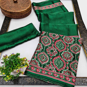 Heritage Inspired Green Crepe Silk Saree Featuring Ajrakh Block Print