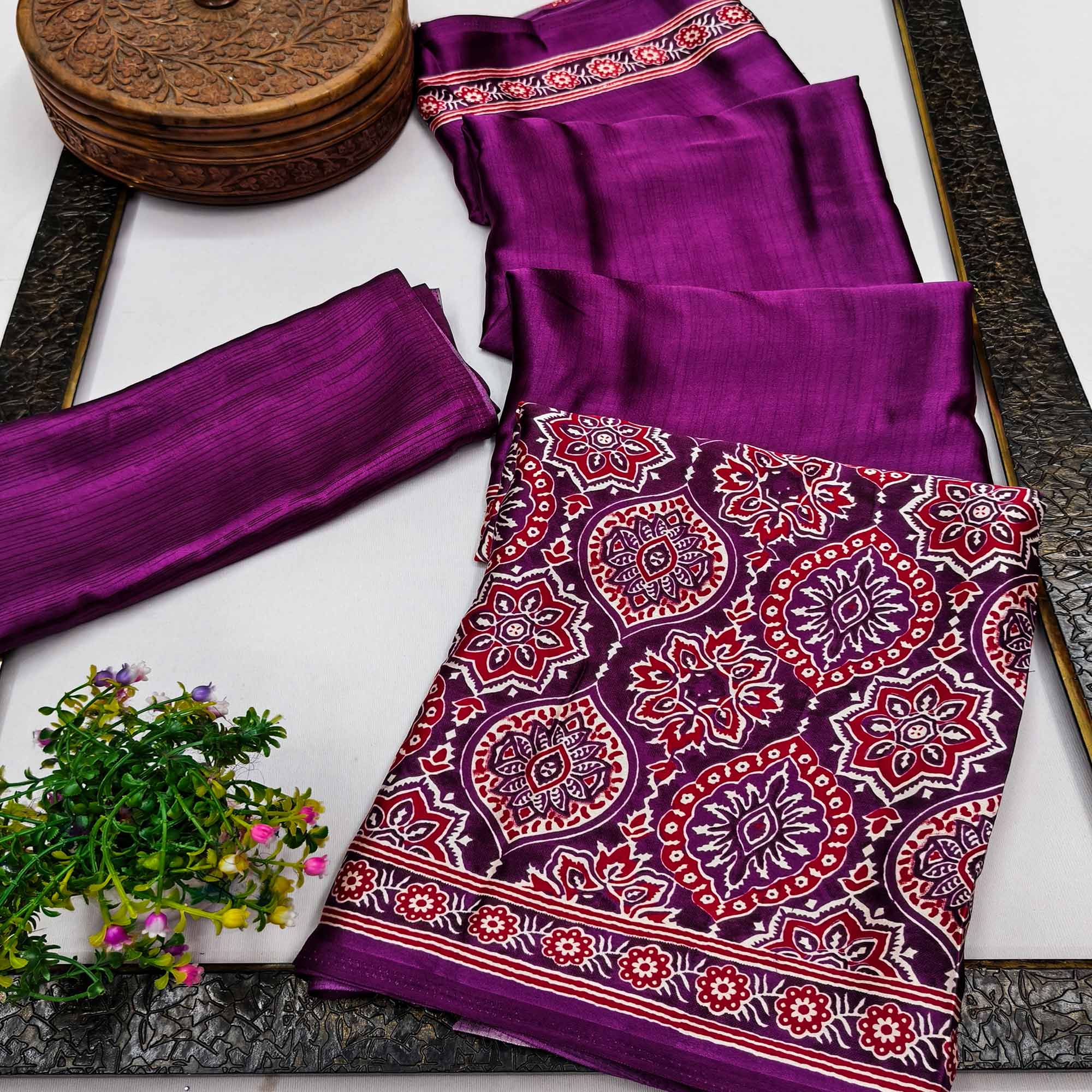Heritage Inspired Magenta Crepe Silk Saree Featuring Ajrakh Block Print