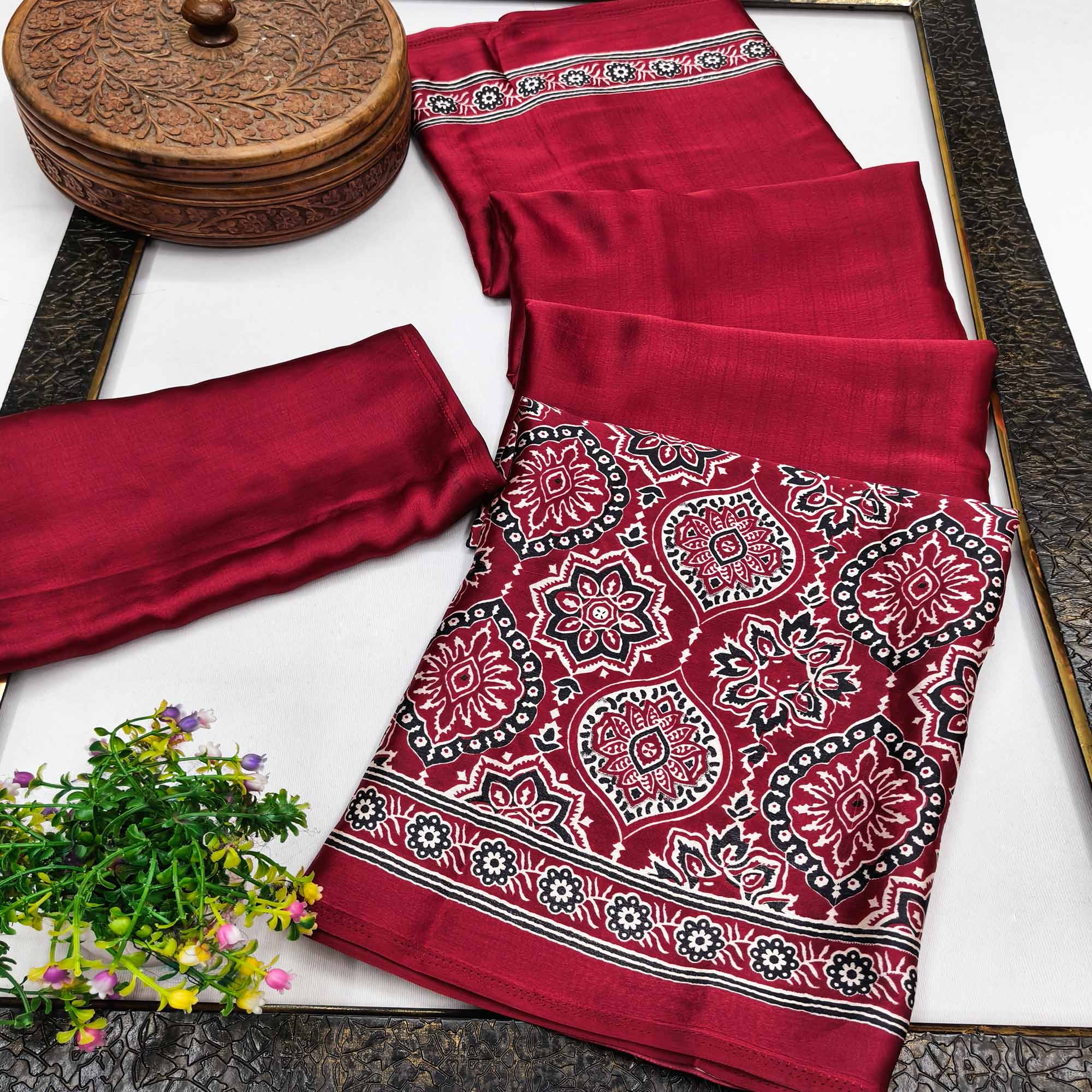 Heritage Inspired Maroon Crepe Silk Saree Featuring Ajrakh Block Print