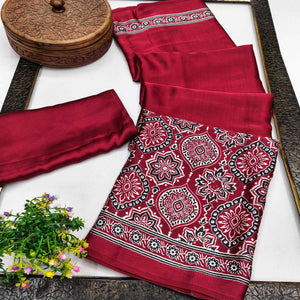 Heritage Inspired Maroon Crepe Silk Saree Featuring Ajrakh Block Print