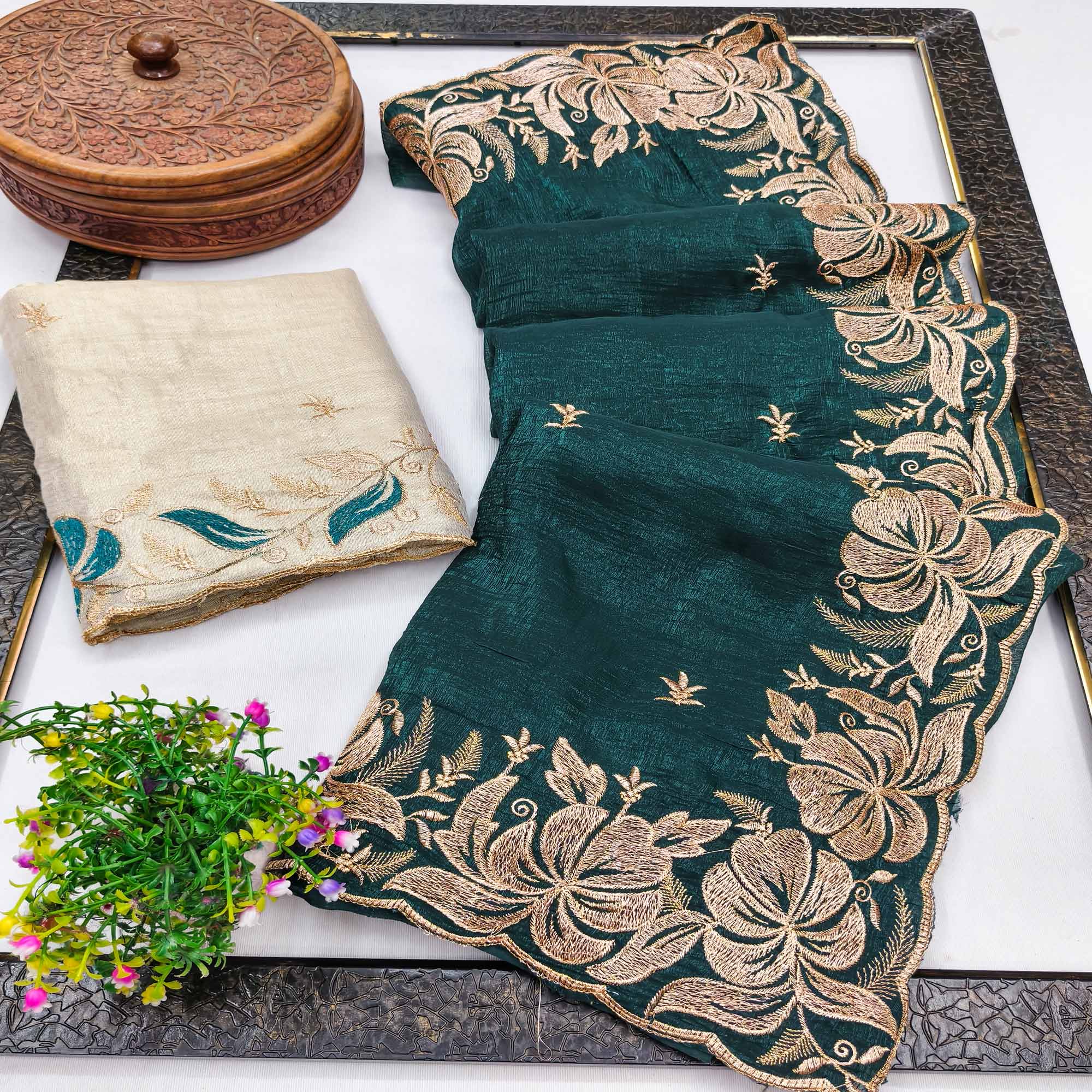 Morpich Green Golden Thread Embroidered Chiffon Saree for Elegant Evening & Celebration Styling
