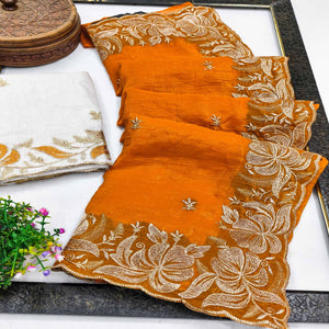 Mustard Golden Thread Embroidered Chiffon Saree for Elegant Evening & Celebration Styling