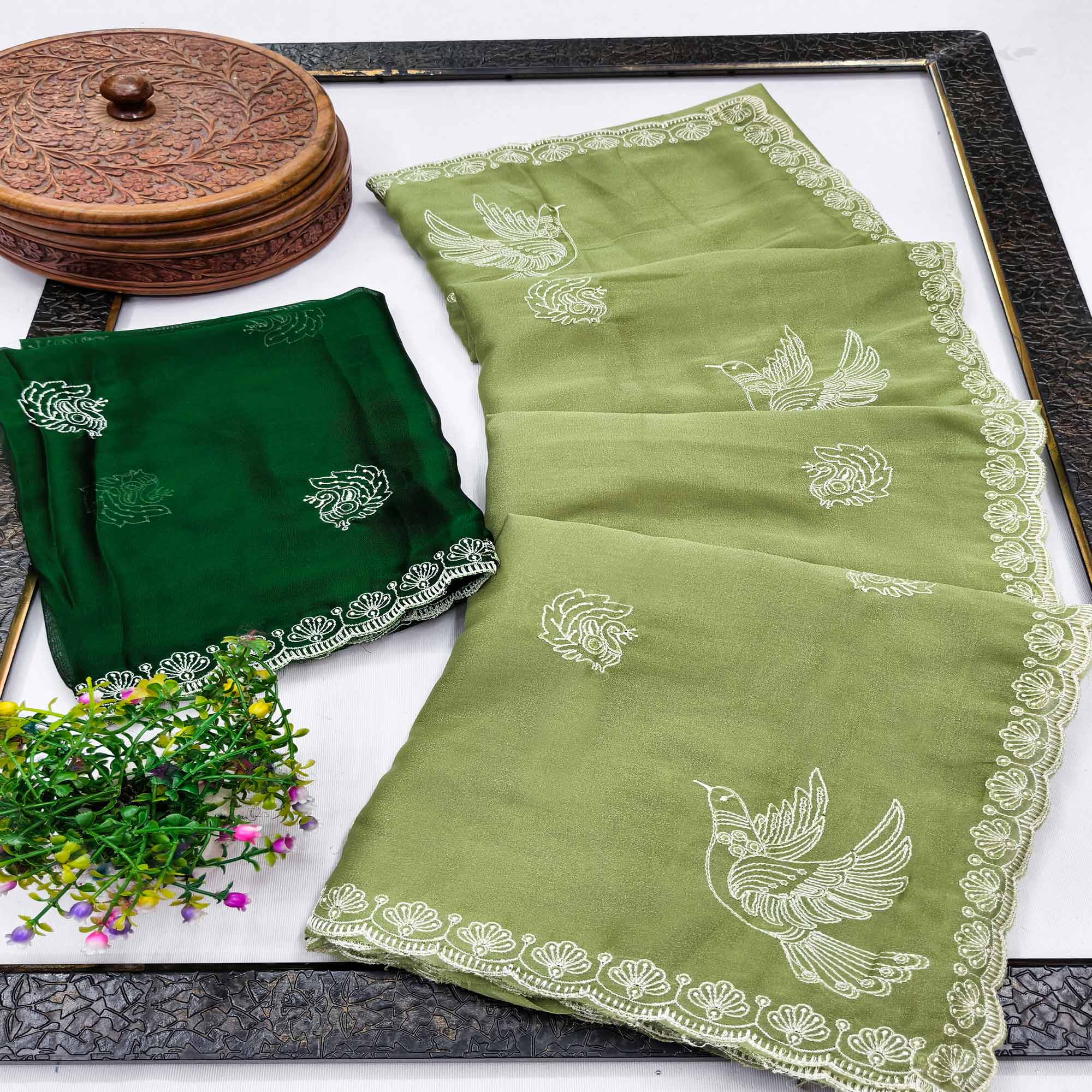 Lightweight Chiffon Saree in Green with Exquisite Thread Embroidered Detailing