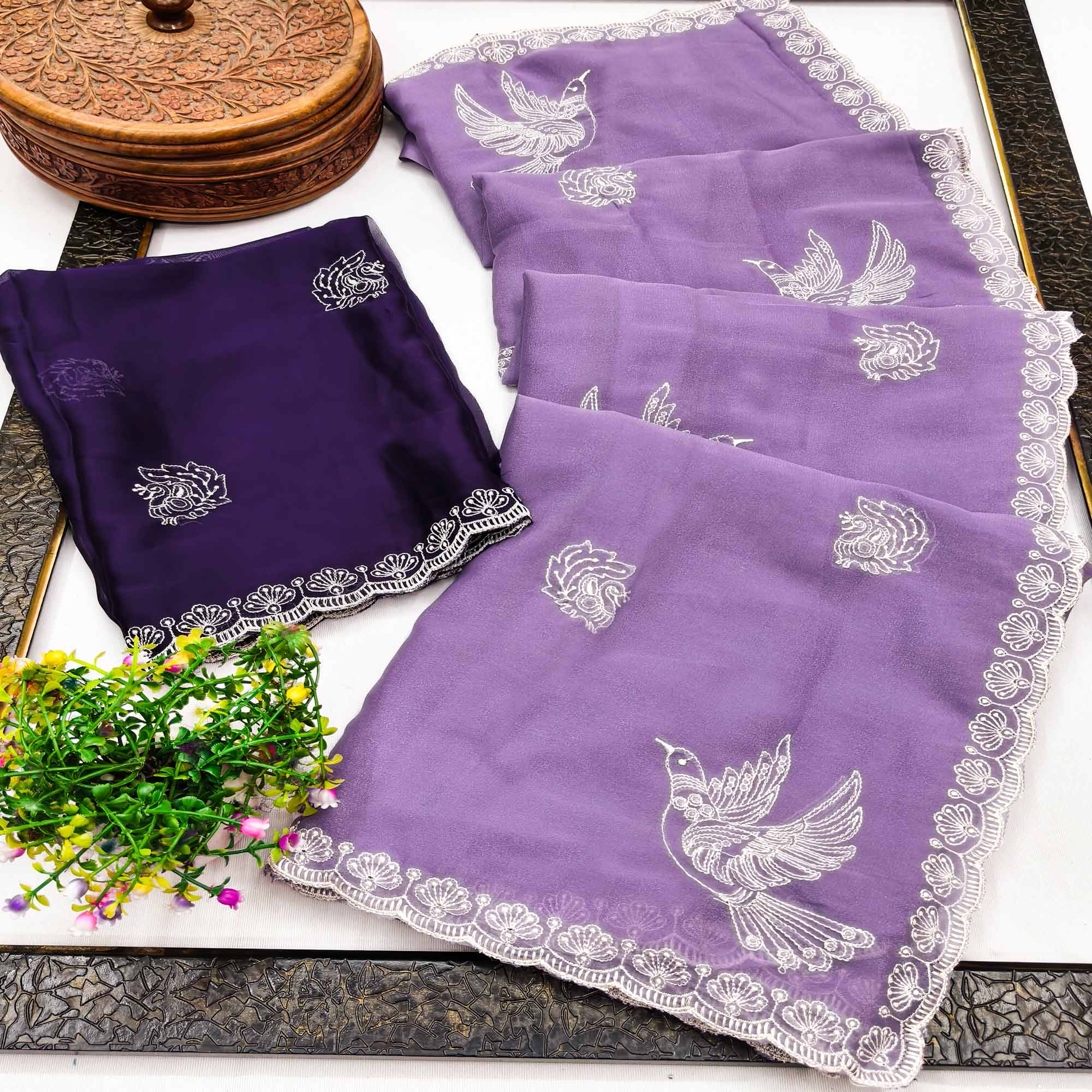 Lightweight Chiffon Saree in Lavender with Exquisite Thread Embroidered Detailing