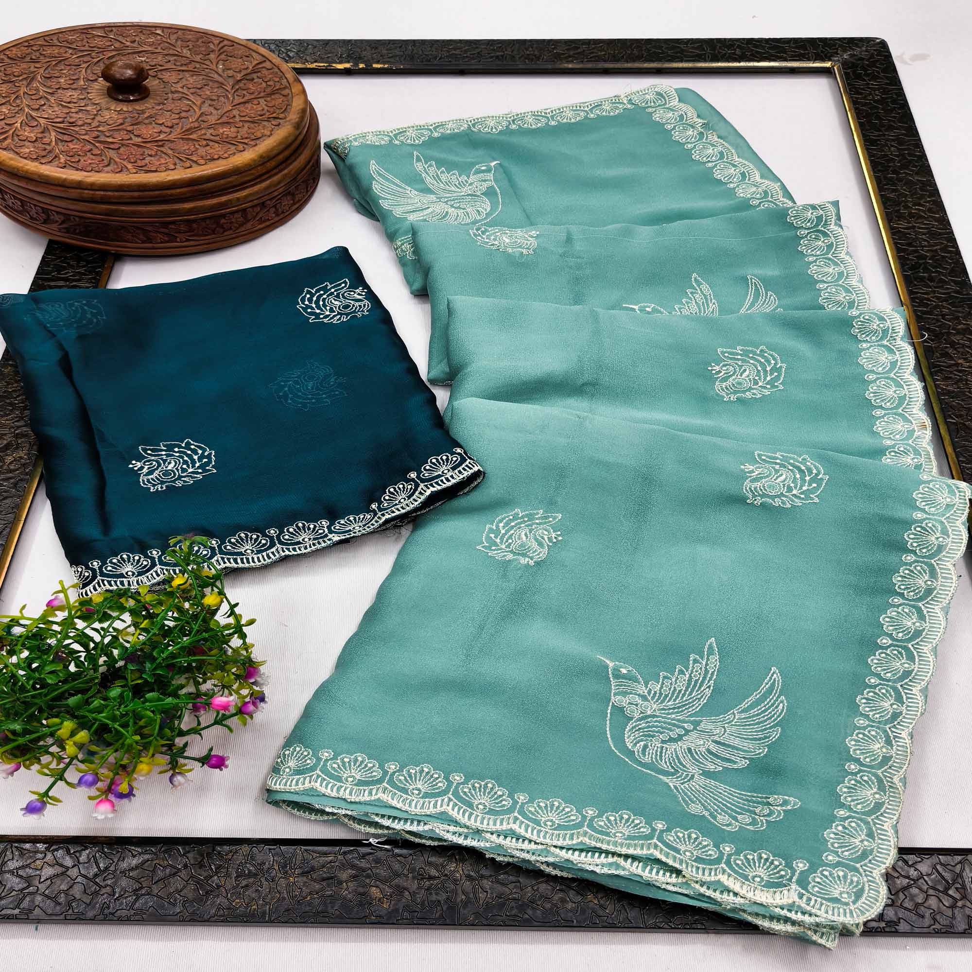 Lightweight Chiffon Saree in Turquoise with Exquisite Thread Embroidered Detailing