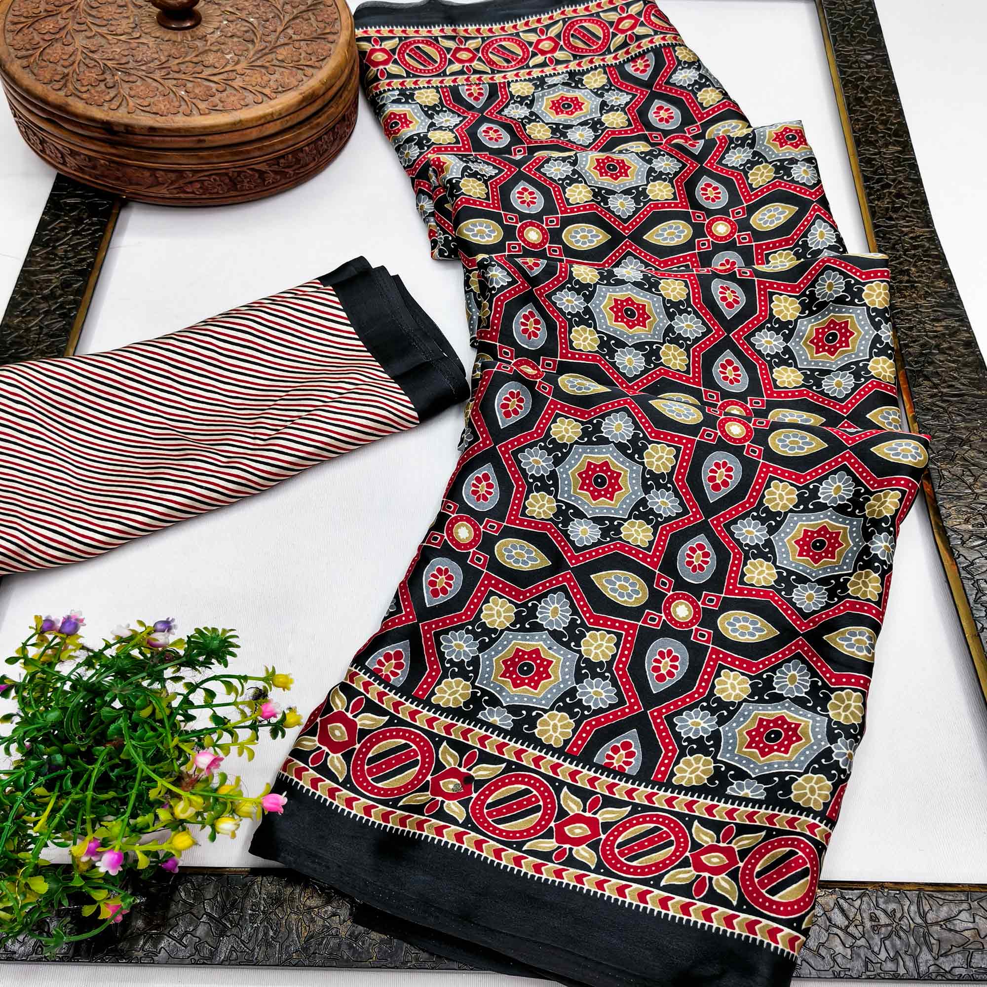 Modern Style Black Ajrakh Printed Crepe Silk Saree for Elegant Party Occasions