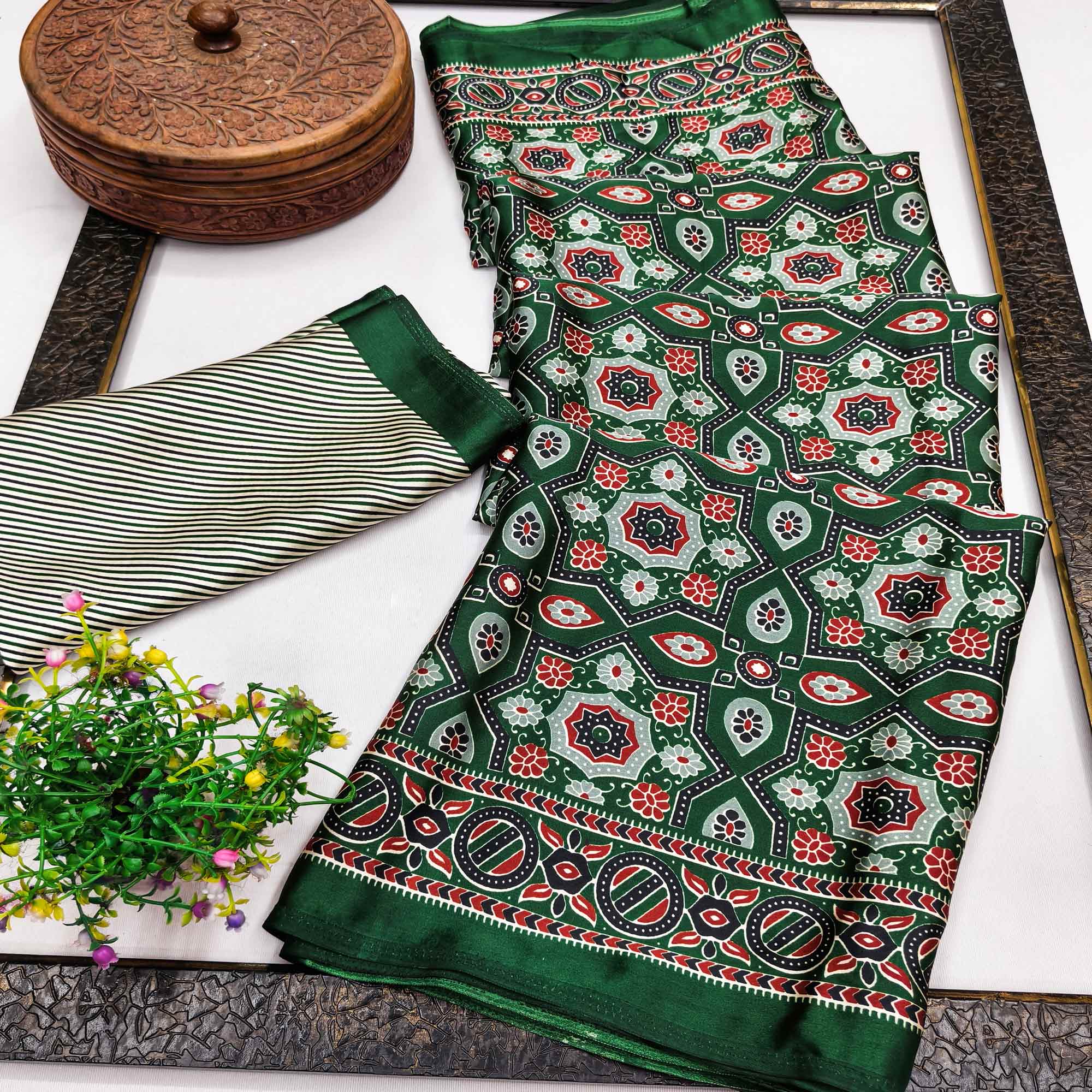 Modern Style Green Ajrakh Printed Crepe Silk Saree for Elegant Party Occasions