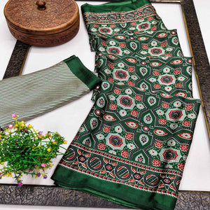 Modern Style Green Ajrakh Printed Crepe Silk Saree for Elegant Party Occasions