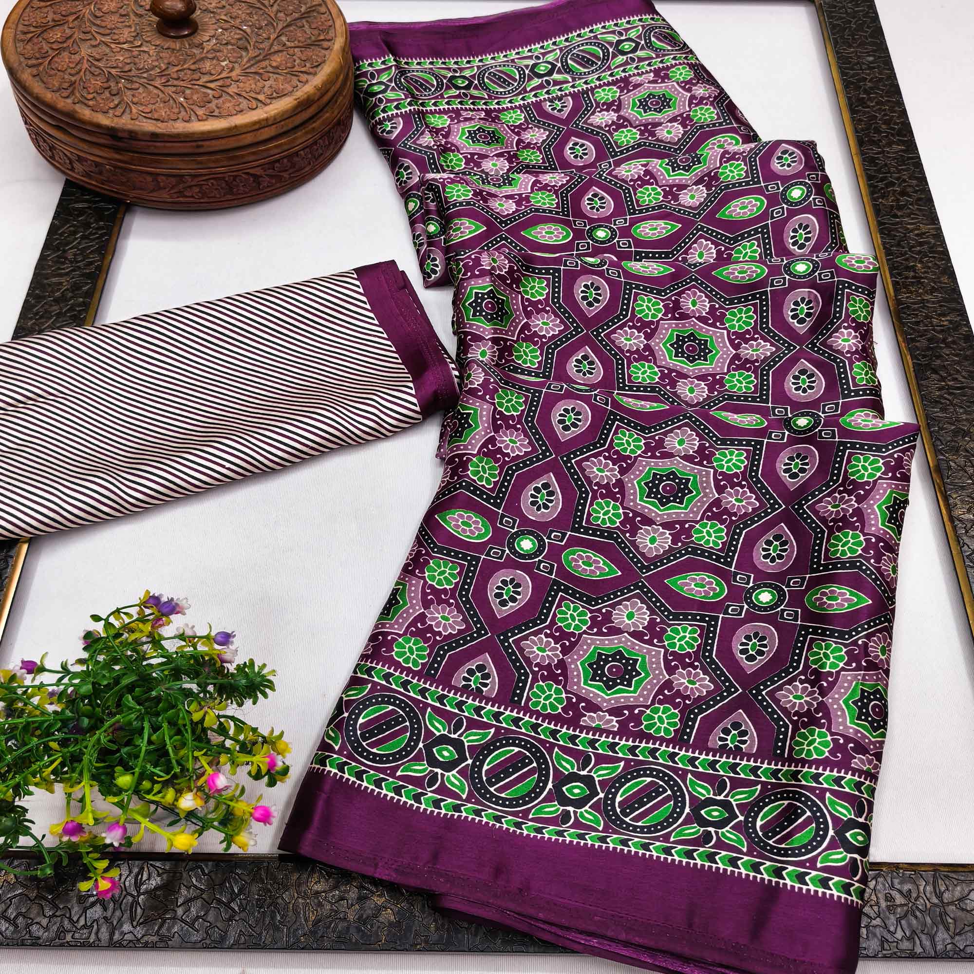 Modern Style Magenta Ajrakh Printed Crepe Silk Saree for Elegant Party Occasions