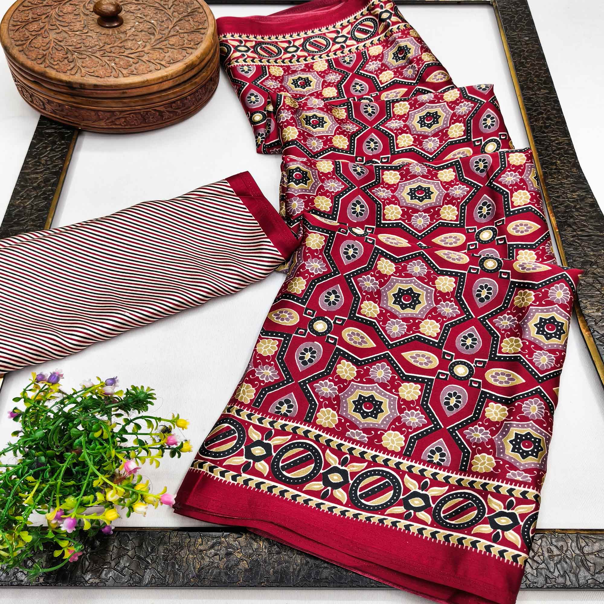 Modern Style Maroon Ajrakh Printed Crepe Silk Saree for Elegant Party Occasions