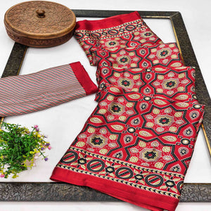 Modern Style Red Ajrakh Printed Crepe Silk Saree for Elegant Party Occasions