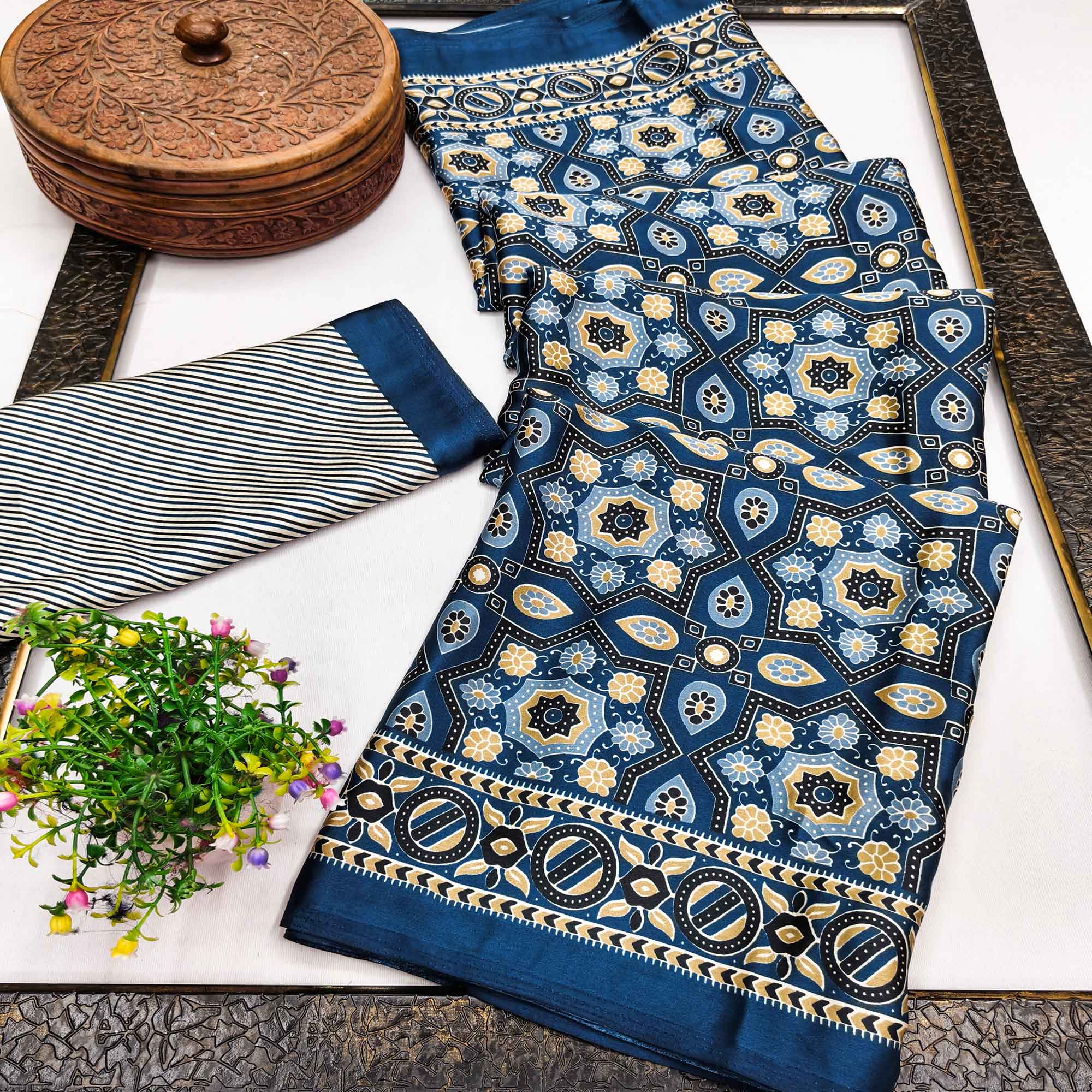 Modern Style Teal Ajrakh Printed Crepe Silk Saree for Elegant Party Occasions