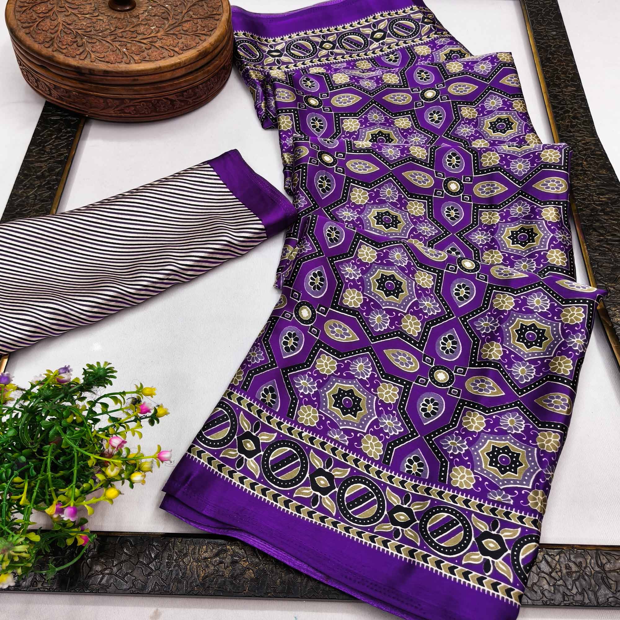 Modern Style Violet Ajrakh Printed Crepe Silk Saree for Elegant Party Occasions