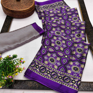 Modern Style Violet Ajrakh Printed Crepe Silk Saree for Elegant Party Occasions