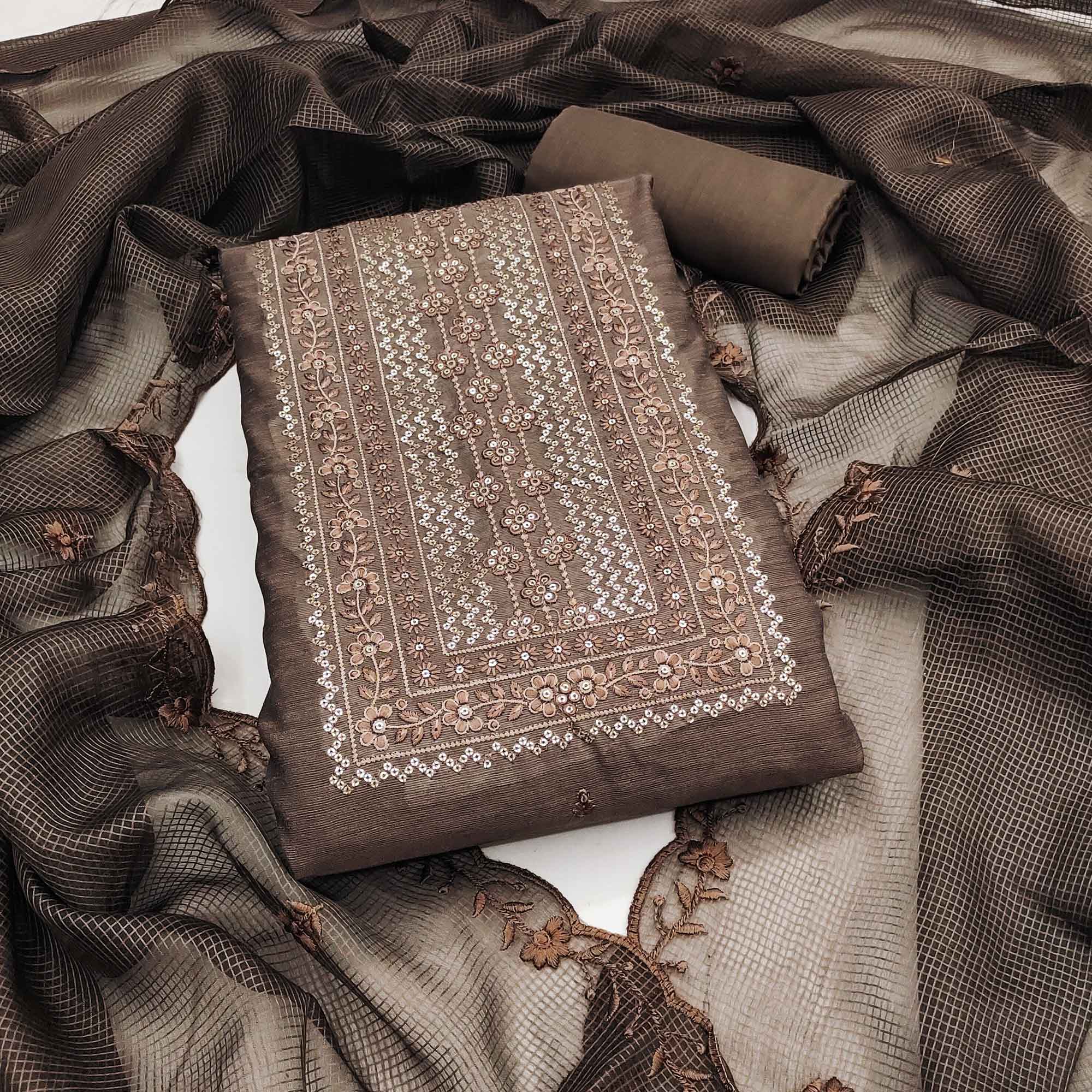 Classic Brown Chanderi Silk Dress Material With Exquisite Floral Sequins Embroidery