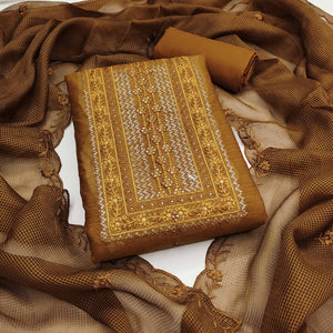 Classic Dark Mustard Chanderi Silk Dress Material With Exquisite Floral Sequins Embroidery