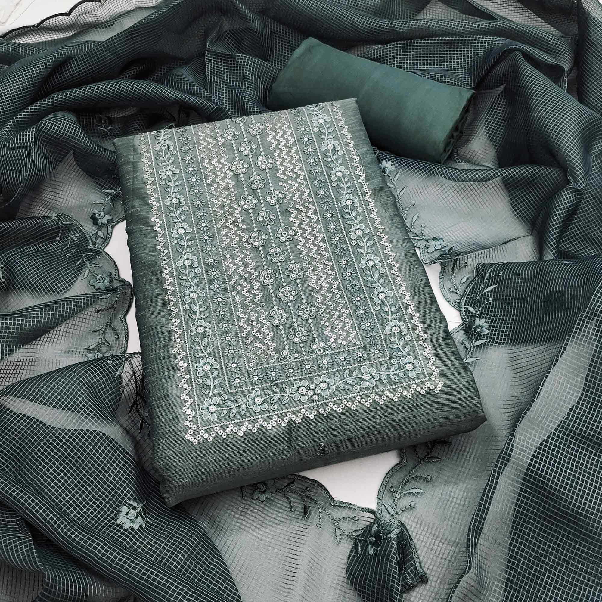 Classic Green Chanderi Silk Dress Material With Exquisite Floral Sequins Embroidery