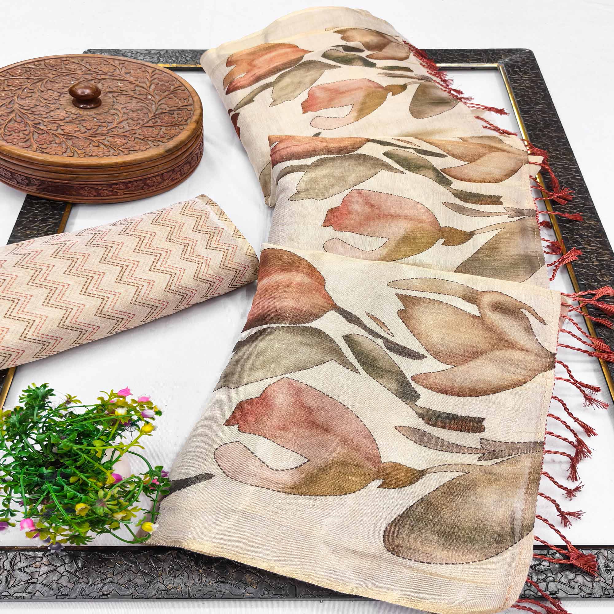 Stylish Beige Floral Print Art Silk Saree Enhanced With Tassel Pallu