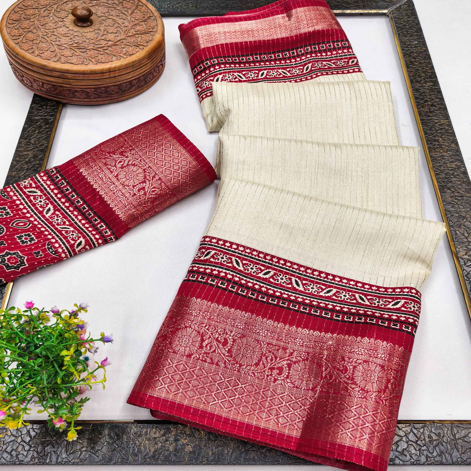 Graceful Light Chikoo Dola Silk Saree Featuring Striped Weave & Floral Border