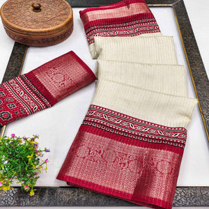 Graceful Light Chikoo Dola Silk Saree Featuring Striped Weave & Floral Border