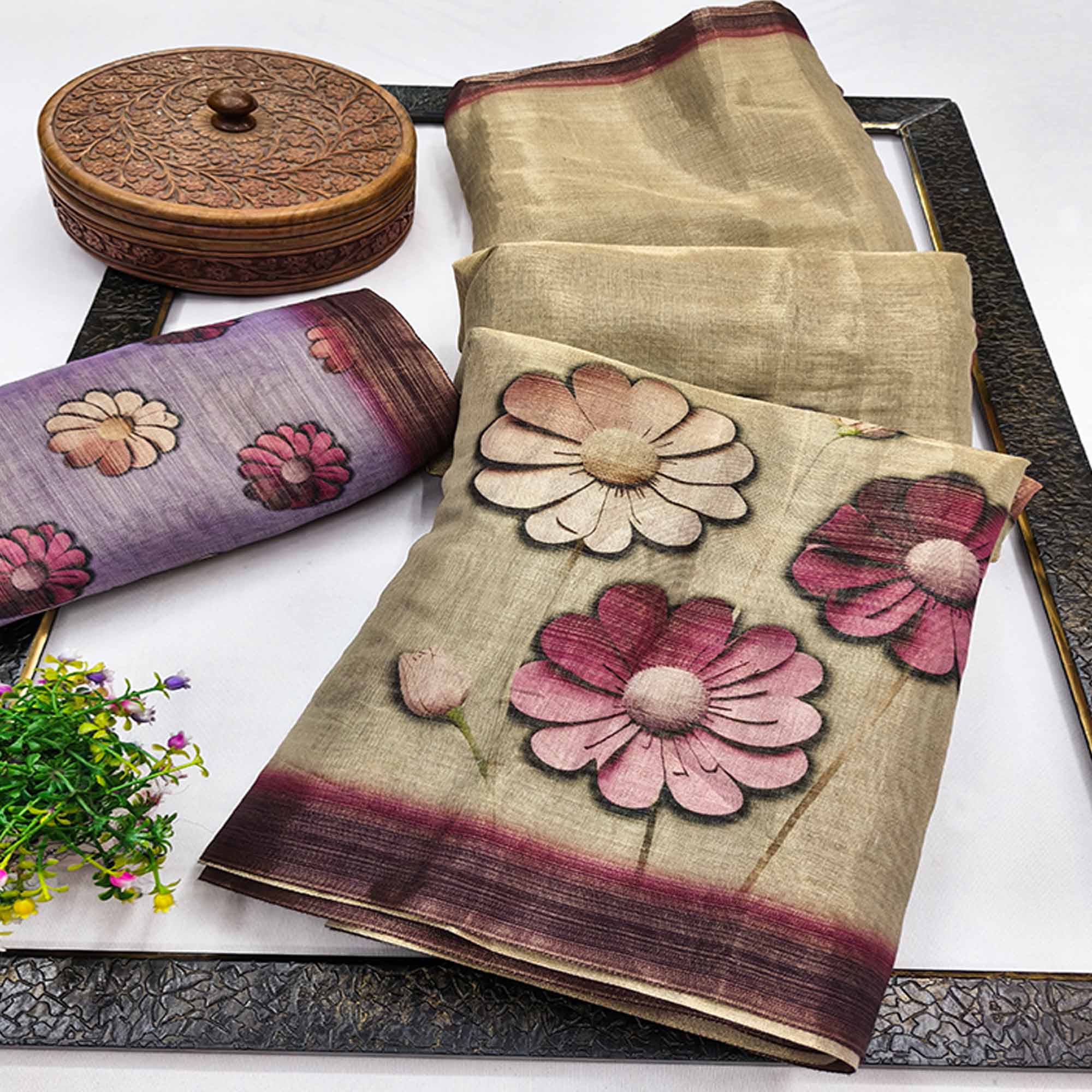Elegant Chikoo Floral Digital Print Art Silk Saree For Timeless Charm
