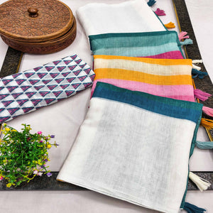 White Linen Saree Designed with Modern Striped Prints and Trendy Tassel Detailing