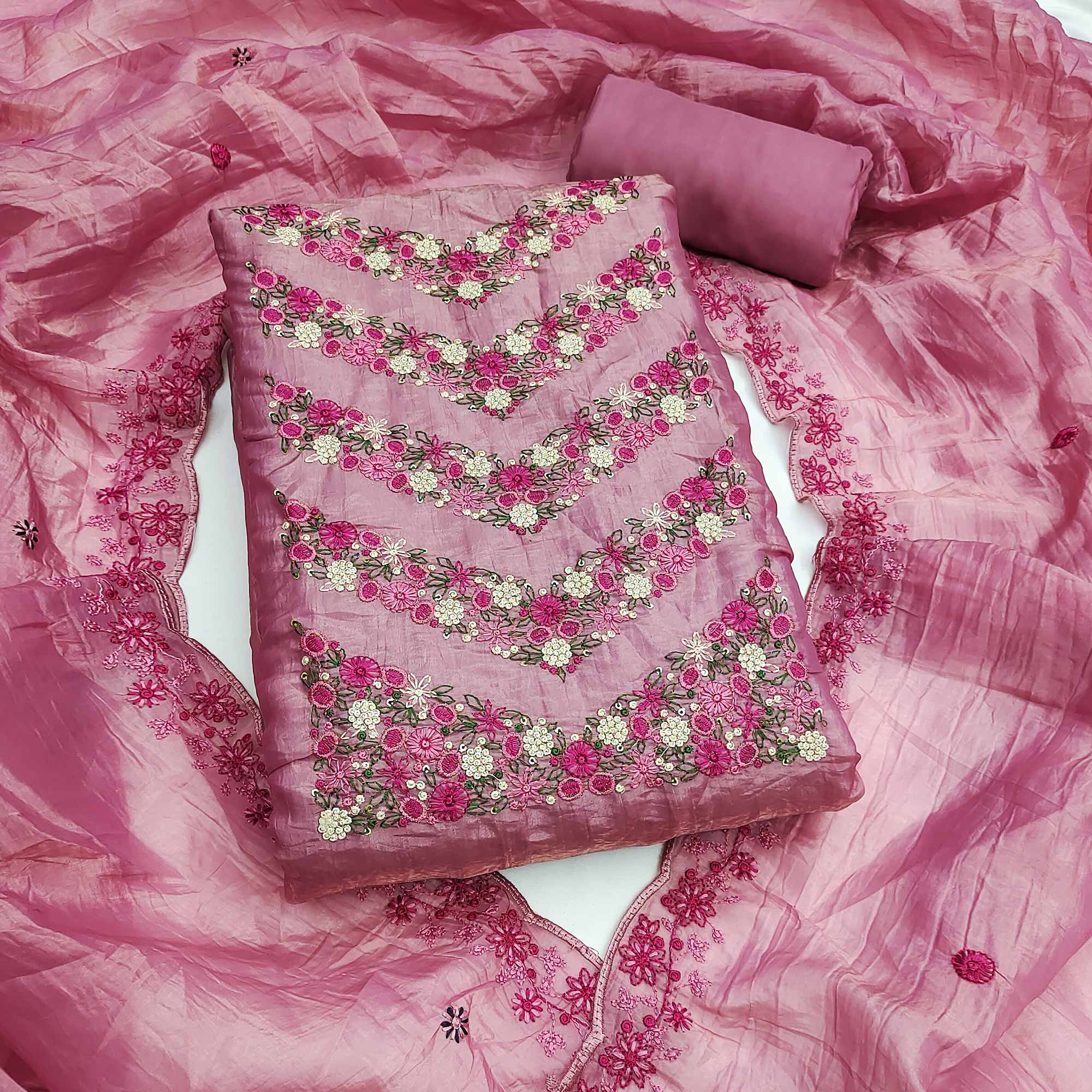 Designer Pink Gold Crush Organza Dress Material With Intricate Floral Thread & Sequins Detailing