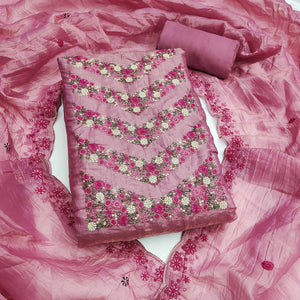 Designer Pink Gold Crush Organza Dress Material With Intricate Floral Thread & Sequins Detailing