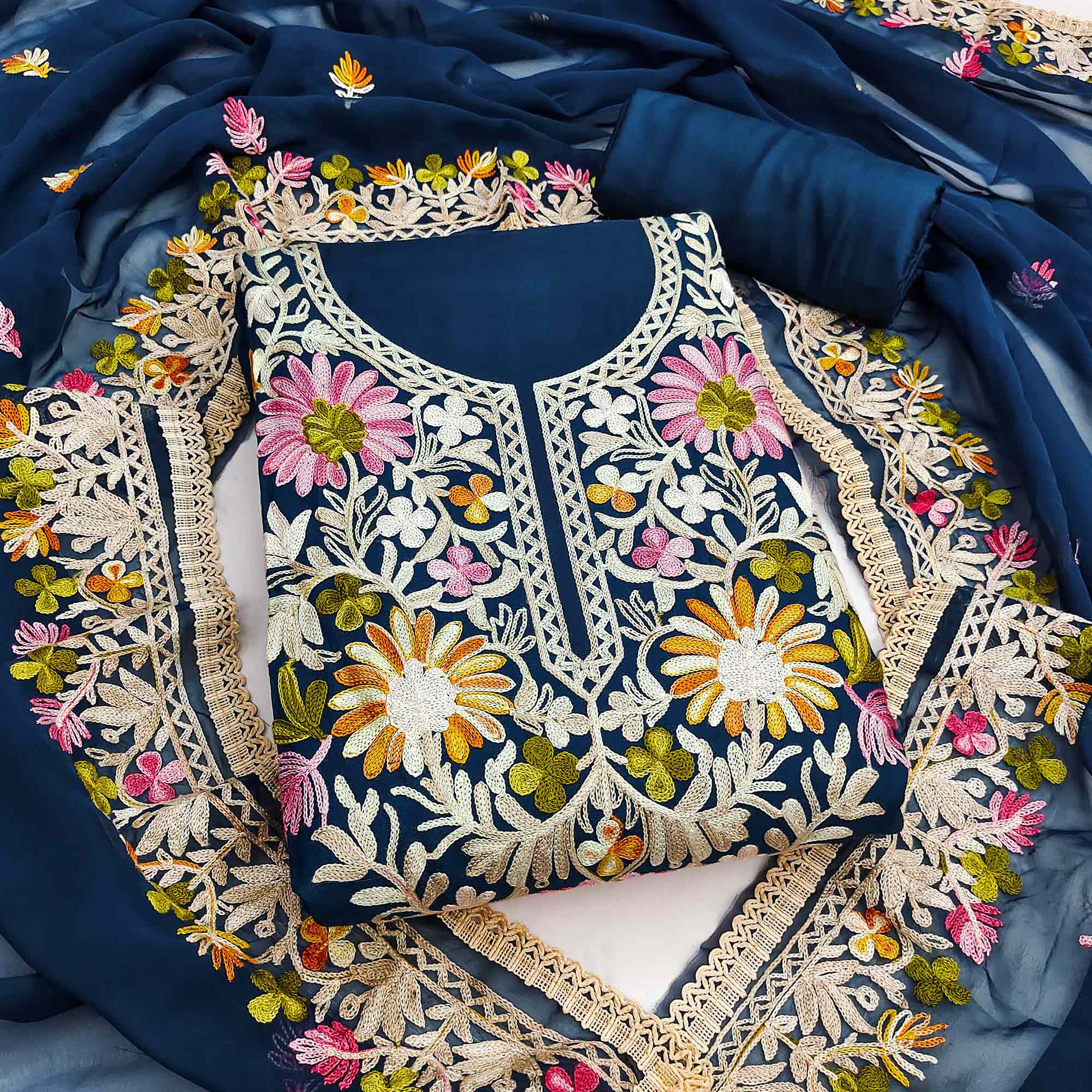 Elegant Blue Floral Thread Embroidered Rayon Dress Material