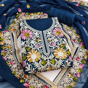 Elegant Blue Floral Thread Embroidered Rayon Dress Material