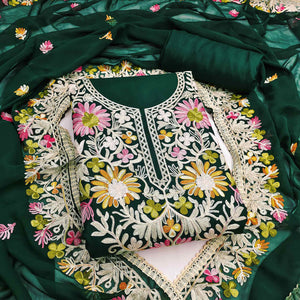 Elegant Green Floral Thread Embroidered Rayon Dress Material