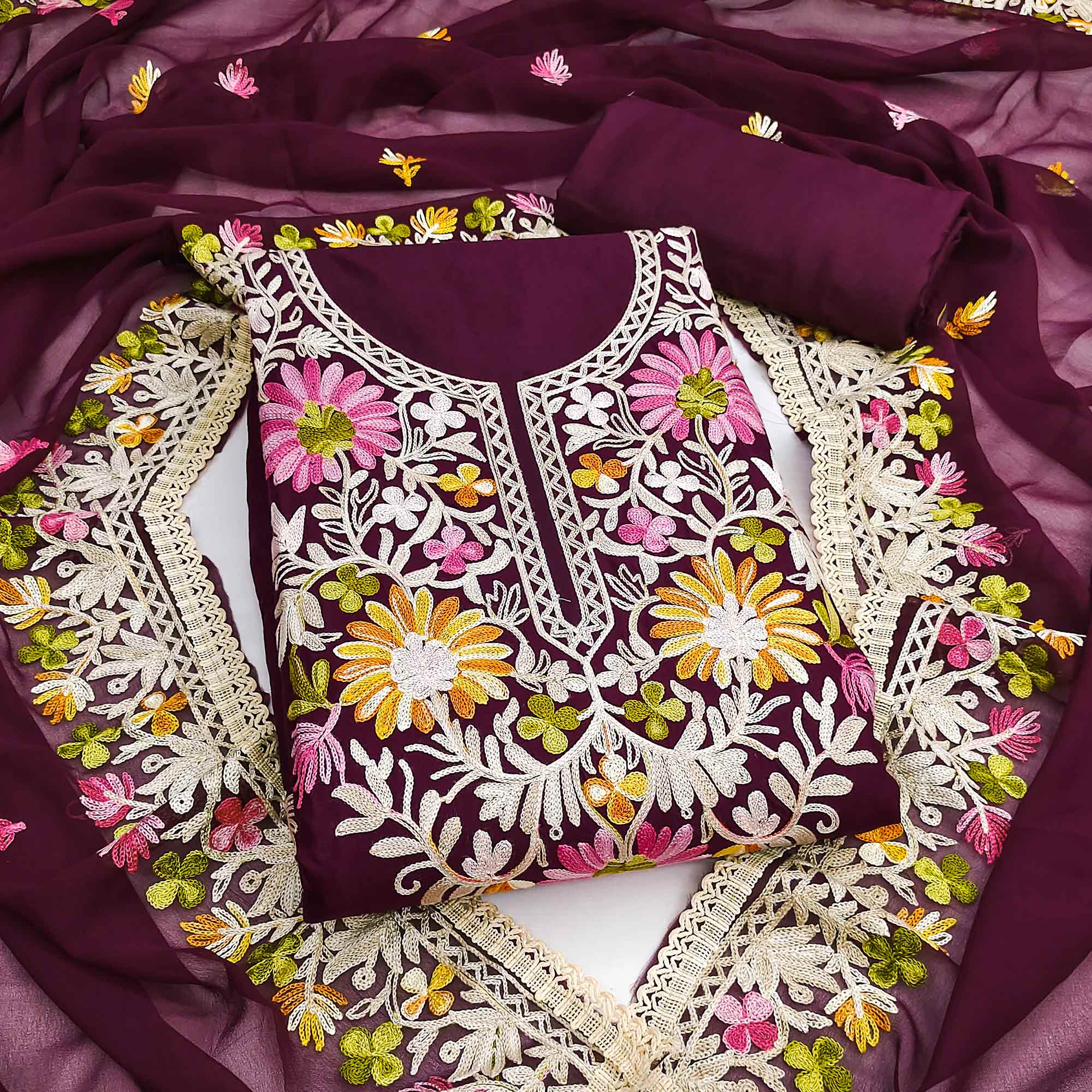 Elegant Wine Floral Thread Embroidered Rayon Dress Material