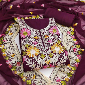 Elegant Wine Floral Thread Embroidered Rayon Dress Material