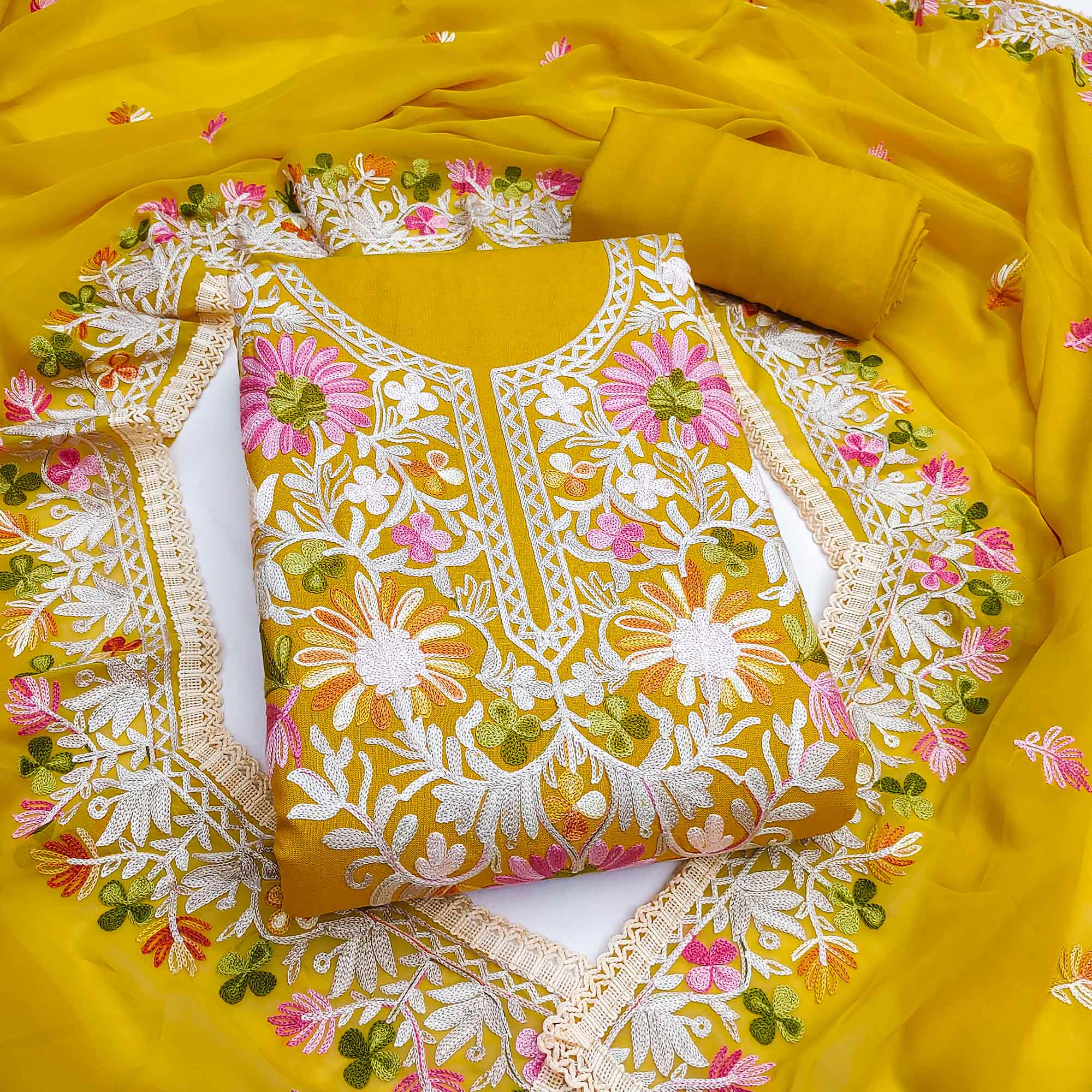 Elegant Yellow Floral Thread Embroidered Rayon Dress Material