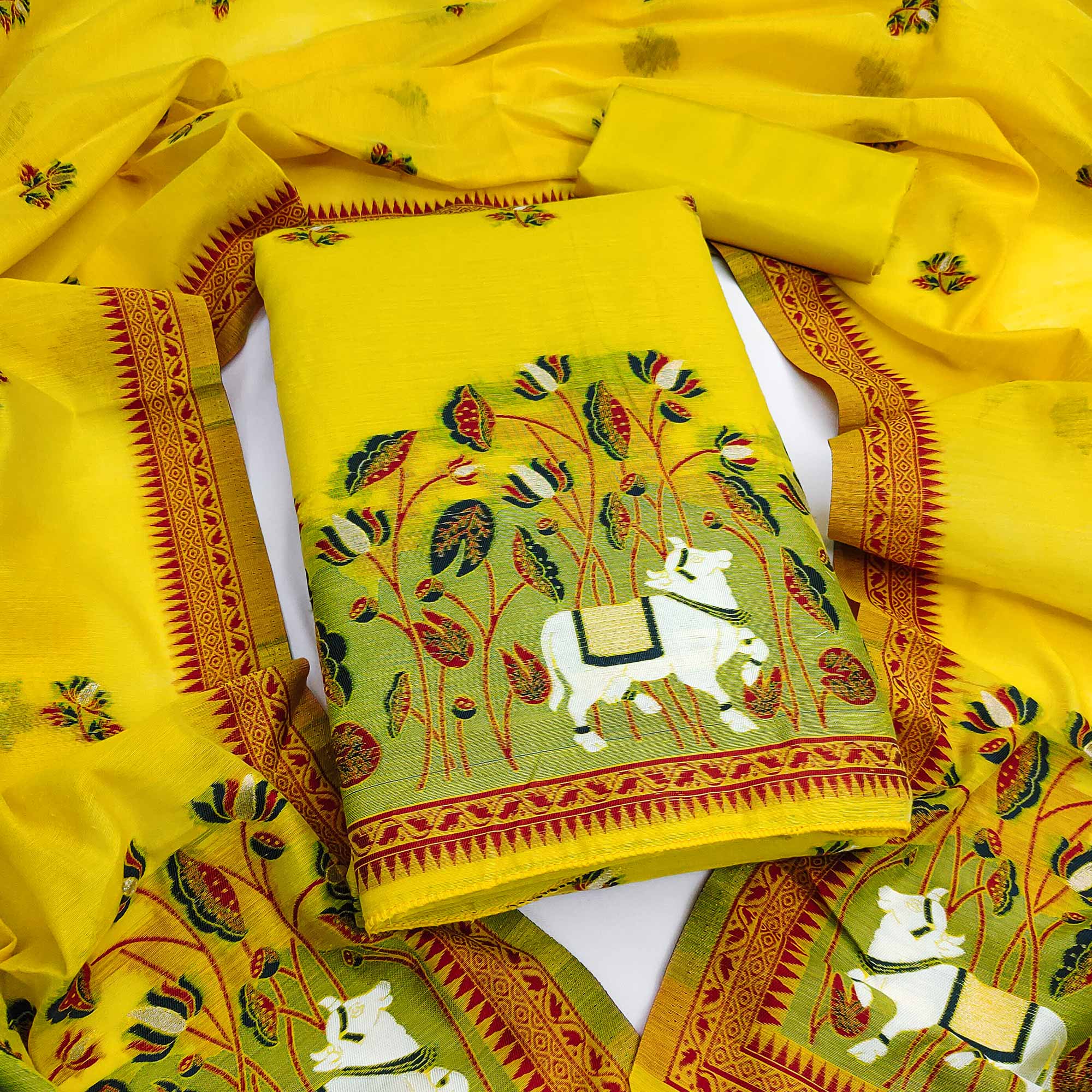 Premium Yellow Chanderi Silk Weaving Dress Material With Artistic Floral & Animal Motifs