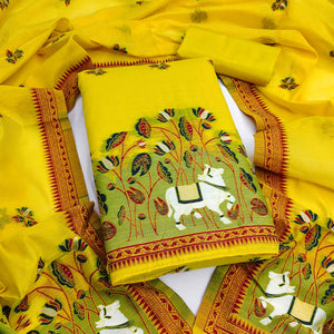 Premium Yellow Chanderi Silk Weaving Dress Material With Artistic Floral & Animal Motifs