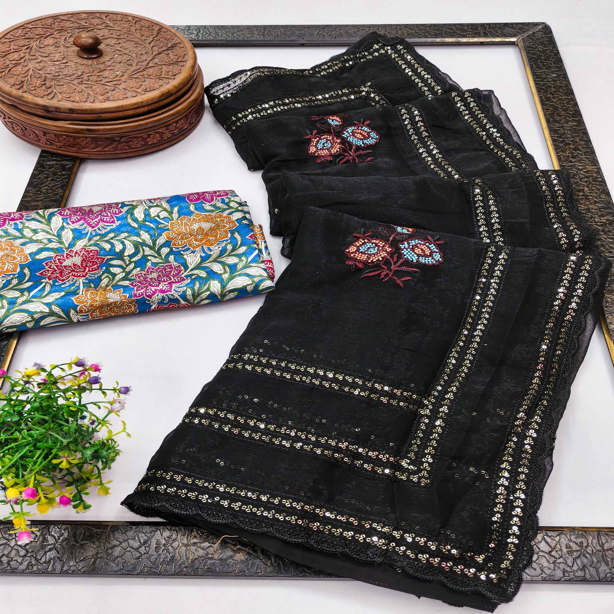 Black Floral Sequins Embroidered Organza Saree for Special Occasions