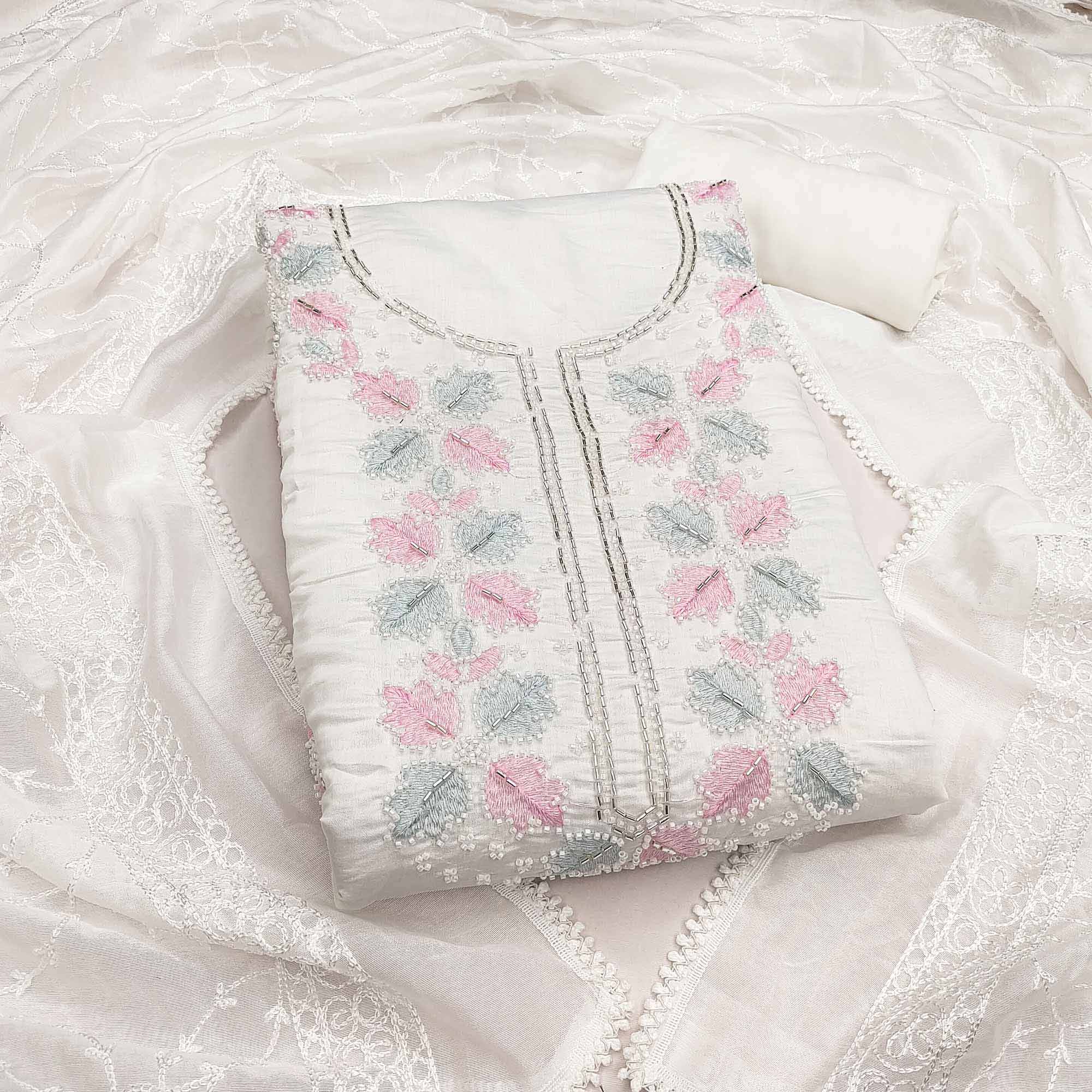 Festive White Chanderi Silk Dress Material with Exquisite Embroidery and Beads Highlights