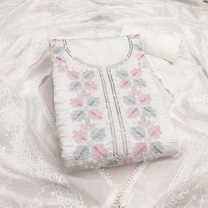 Festive White Chanderi Silk Dress Material with Exquisite Embroidery and Beads Highlights