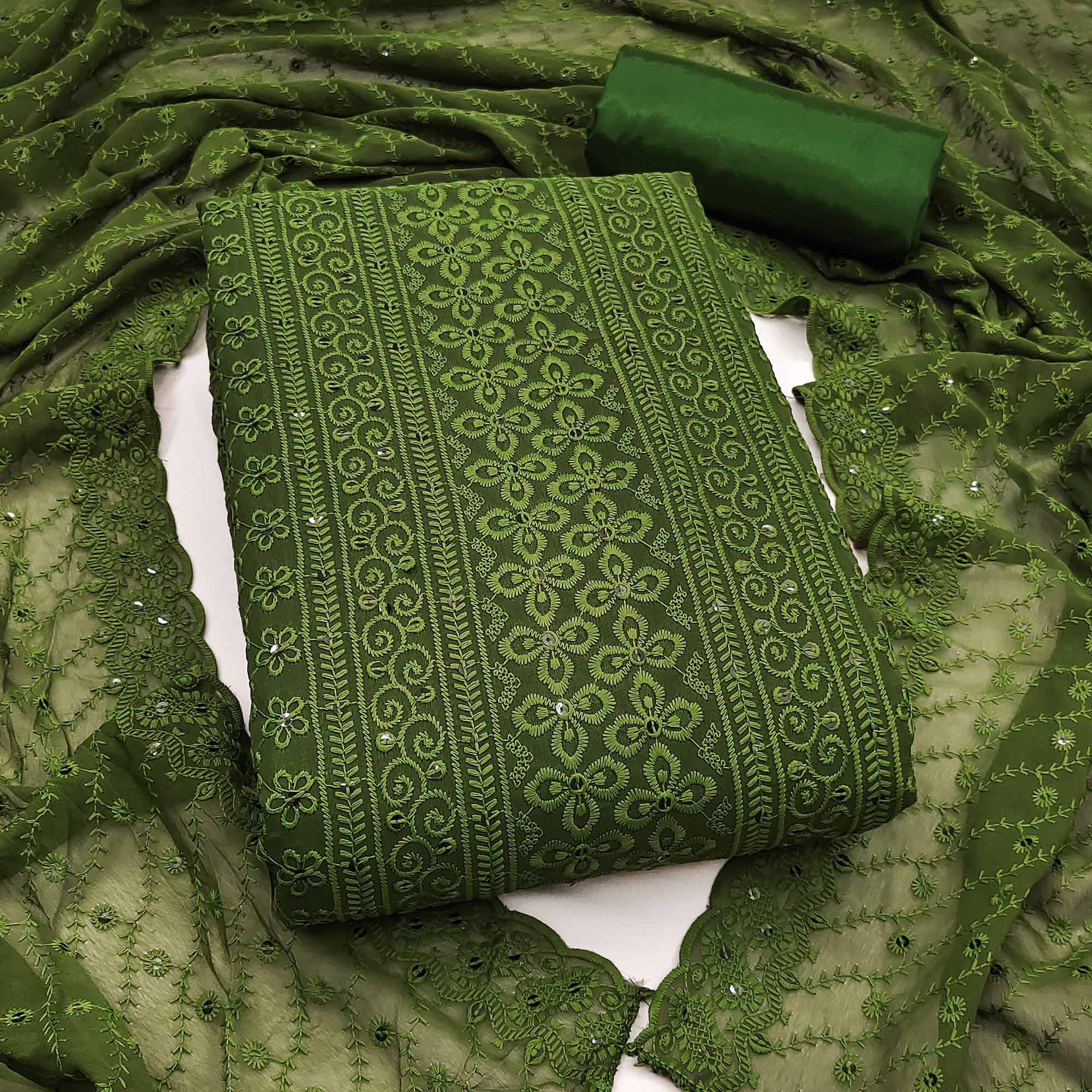 Lightweight Green Georgette Dress Material Adorned with Beautiful Floral Embroidery