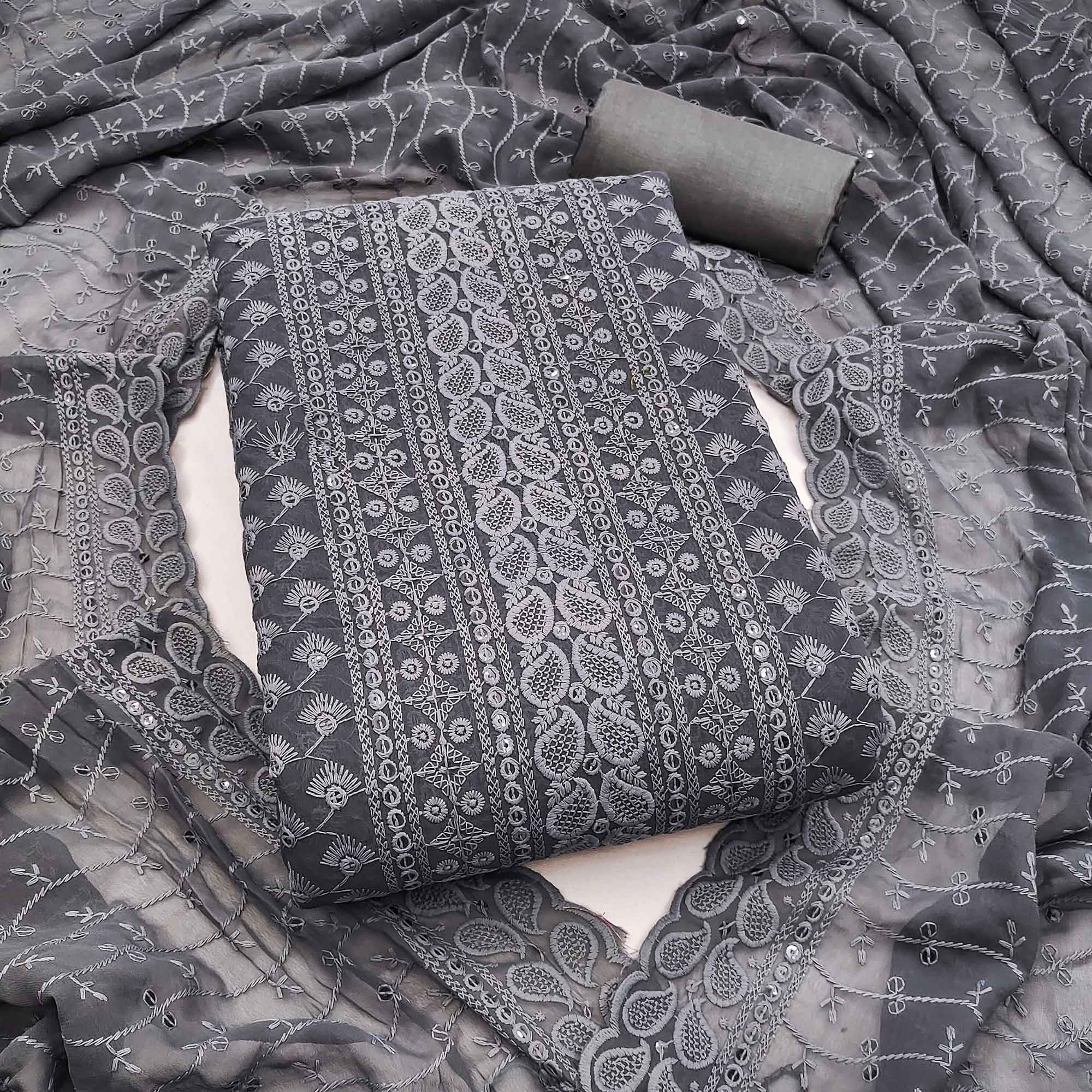 Lightweight Grey Georgette Dress Material Adorned with Beautiful Floral Embroidery