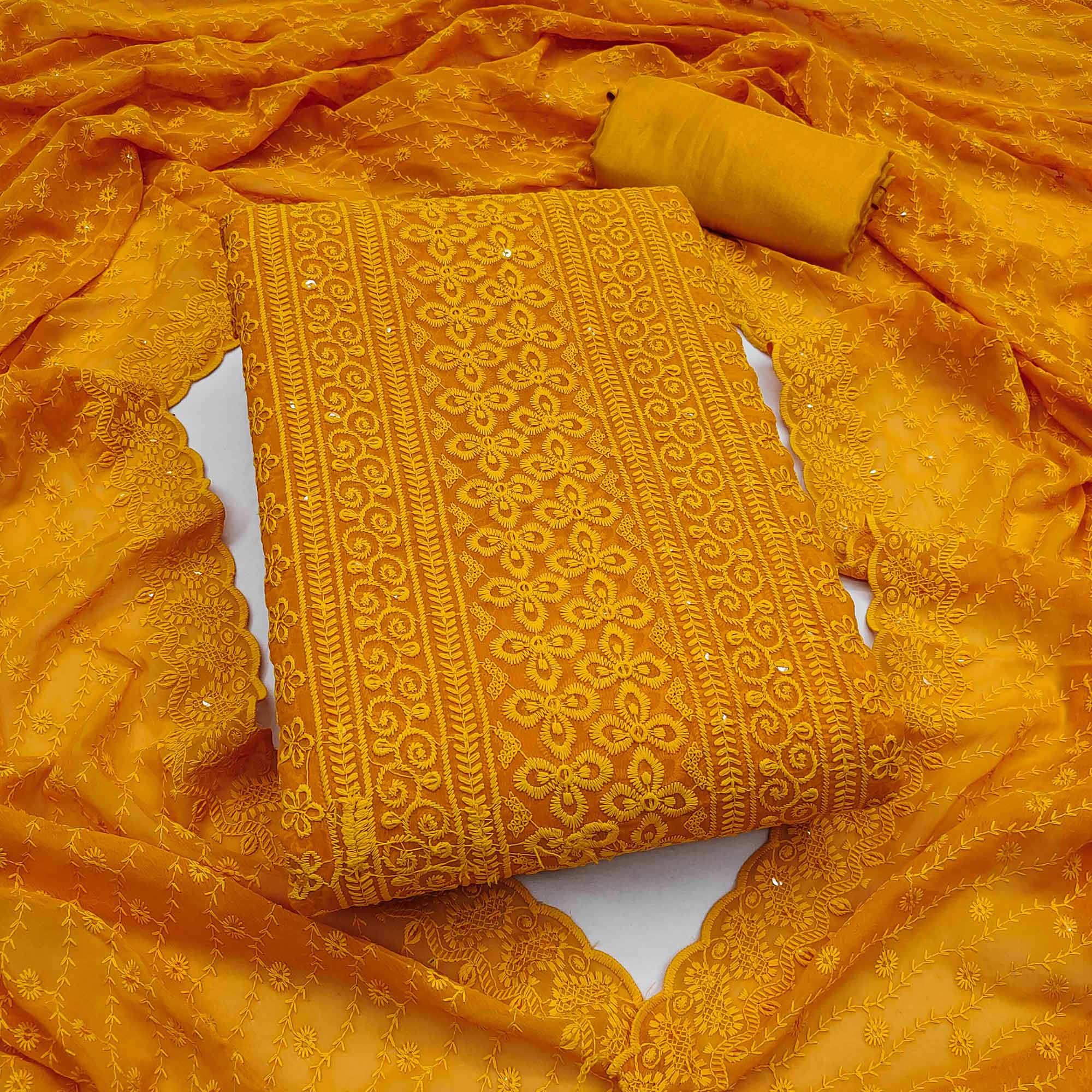 Lightweight Mustard Georgette Dress Material Adorned with Beautiful Floral Embroidery