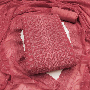 Lightweight Peach Georgette Dress Material Adorned with Beautiful Floral Embroidery