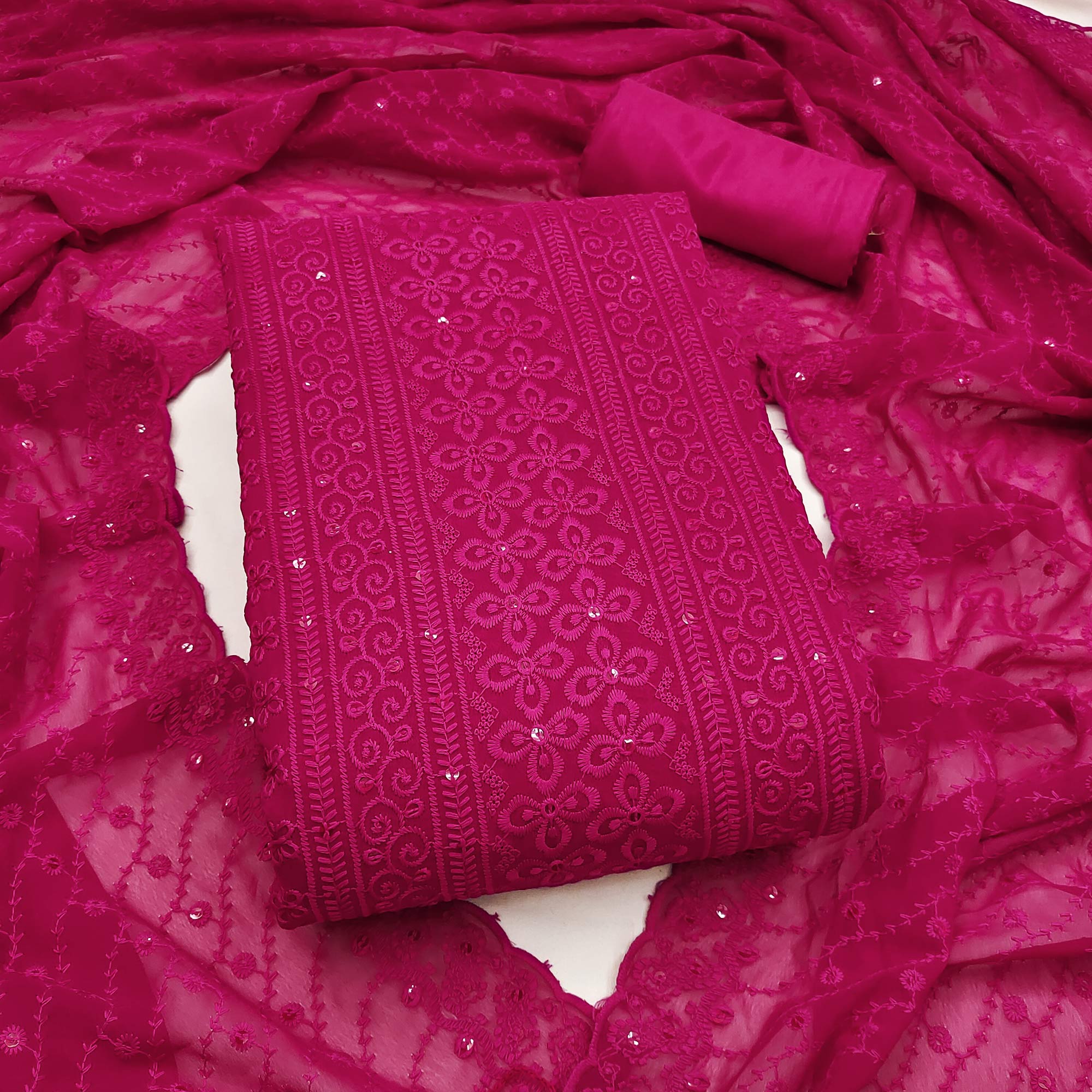 Lightweight Pink Georgette Dress Material Adorned with Beautiful Floral Embroidery